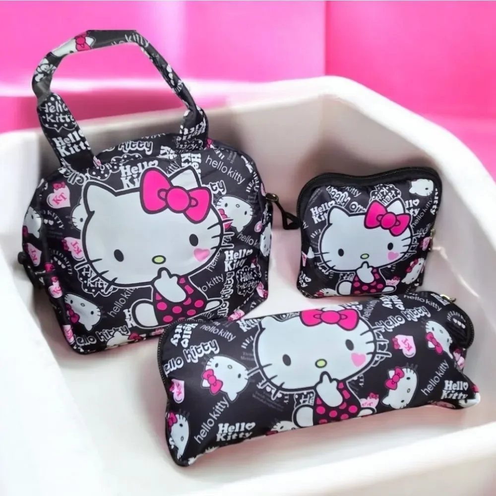 Hello Kitty Black Shoulder Bag Set of 3 Sanrio Kid Tween Travel School Purse NEW
